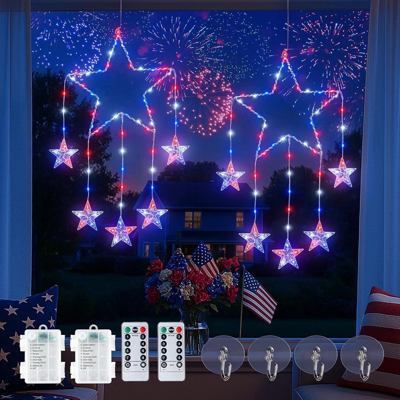 2 Pack 4th of July Window Lights,12IN 73LED Red White and Blue Star Lights